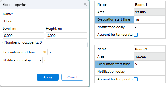 Example 1. Accounting of the Evacuation Start Time for a Floor and a Room