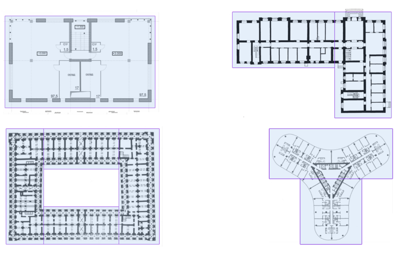 Examples of Placement of Calculation Areas on the Scene for Various Forms of Buildings