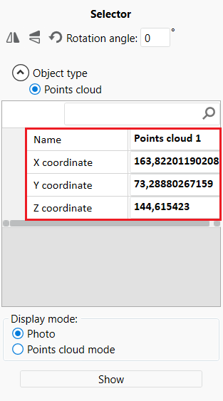 Coordinate values of the center of the point cloud