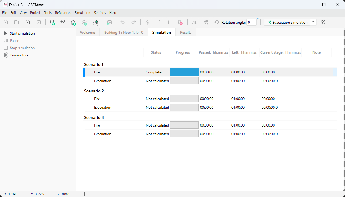 Simulation control tab in a fire risk calculation project